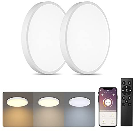 Klighten Lot de 2 Plafonnier LED Dimmable 24W 2160LM avec Télécommande, Rond Lampe de Plafond avec Contrôle App pour Salon Chambre Cuisine, Éclairage de Plafond Plat Moderne, Ø23cm, 2700K-6500K, Blanc