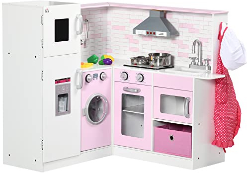 HOMCOM Cucina Giocattolo per Bambini 3-6 Anni con Luci e Utensili da Cucina Realistici, in MDF e PP, 84x93.5x85 cm, Bianca e Rosa