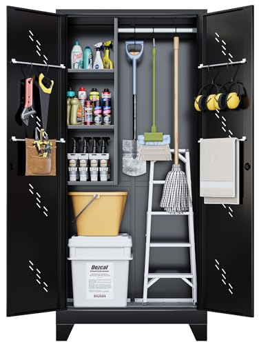 OSEILLC Metal Storage Cabinet with Locking Doors, 75 Tall Garage Cabinet with Hanging Rod, Broom Closet/Freestanding Bathroom Storage Cabinet, Cleaning Tool Storage