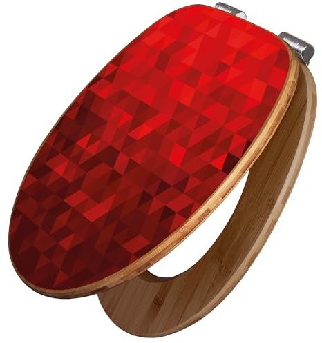banjado Design WC Sitz Bambus Absenkautomatik 45,8x37,5cm - Toilettendeckel mit Absenkautomatik Holz - hochwertiger Bambus Klodeckel - WC-Sitz für gängigen Toiletten - Motiv Dreiecke Rot