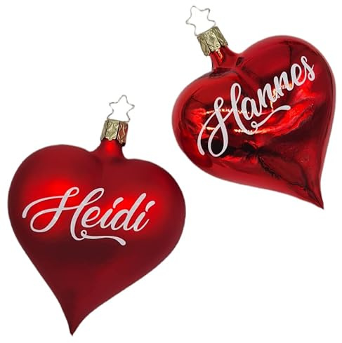 Wunschtext, Set aus 2 roten Weihnachtskugeln in Herzform aus mundgeblasene Glas mit weißem Text | Christbaumkugel | Weihnachtskugel personalisiert | Weihnachtsgeschenk, Baumschmuck