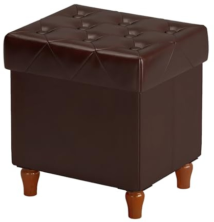 CAROLMADE Folding Storage Ottoman Cube PU Leather Footstool with Wood Legs Ottoman Footrest for Living Room and Bedroom Brown, 15x12.6 x 15.4”