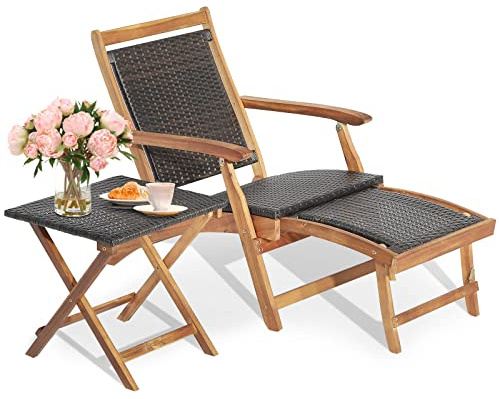 COSTWAY Tumbona de Patio con Otomana Retráctil & Apoyabrazos y Juego de Mesa Plegbale, Muebles de Exterior Mesa Plegable y Juego de Silla con Mimbre PE y Madera de Acacia, para Jardín