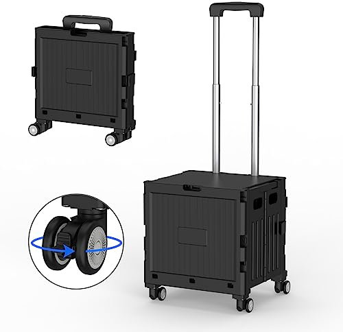 Marketero Collapsible Shopping Box Trolley on Wheels with Lid Folding Teacher Trolley Cart with Heavy Duty Wheels 360°Rotate & Telescopic Handle for Camping Shopping Moving Black