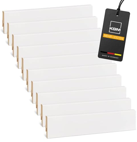 Förpackning 48 Meter Sockellist Mega – Vitfolierad MDF Golvlist KGM – Mått: 2400 x 16 x 58 mm – 20 st | reptålig och avtorkbar, golvlist, kabelkanal, väggfinish, för PVC, vinyl och laminat, lösningsmedelsfri, flexibel montering