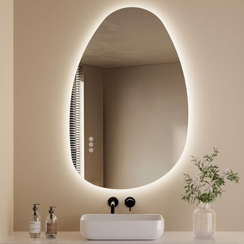 S'AFIELINA Miroir Mural LED Salle de Bain 85×50×2,5 cm Asymétrique Miroir avec Interrupteur Tactile, 3 Couleurs de Lumière Réglables - Blanc Chaud/Blanc Froid/Neutre, Antibuée Miroir de Salle de Bain