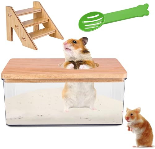 HOMURY Transparentes Sand-Badezimmer für Hamster Hamster Sandbadbox mit Leiter & Naturholzabdeckung & Schaufel, Sandbad-Container für Hamster, Haustier Hamster Badezimmer, für Hamster(Quadrat)