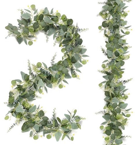 DEMIUKO 2 Stück Eukalyptus Girlande 1,8m Künstliche Pflanze mit Gypsophila Blumen Silbernes Grün Kunstpflanze Faux Reben Hängepflanze Deko für Hintergrund Hochzeit Türen Tischläufer (Grün, 2 Stück)