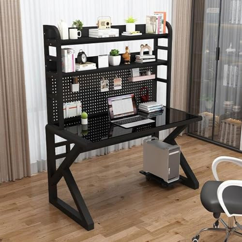 FAANAS Computertisch aus Gehärtetem Glas mit Stecktafel, Industrieller Gaming Schreibtisch mit Ablagefächern Modernes Studium Schreib Arbeitsplatz Tisch(100CM, Black)