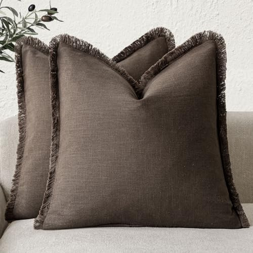 Foindtower Set of 2 Decorative Linen Fringe Throw Pillow Covers Boho Farmhouse Cushion Cover with Tassels Soft Accent Pillowcase for Couch Sofa Bed Living Room Home Decor,22×22 Inch,Reddish Brown