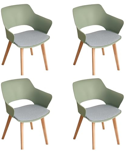 JZGORC Lot de 4 Chaise de Salle à Manger Modernes, Chaise de Salle à Manger de Style Nordique avec Accoudoirs, Pieds en Hêtre, Chaise de Cuisine Rembourrée à Carreaux en Lin - Vert Clair