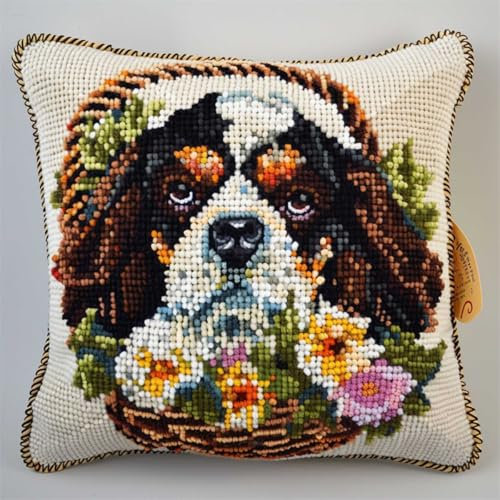DIY knüpfen set erwachsene Hund und Blumen knüpfkissen set Cartoon-Tiere Kits zur Herstellung von Kissenbezügen，DIY-Häkelgarn-Kits，Stick-Kits，Kits zur Herstellung von Kissenbezügen/Kiss 43x43cm