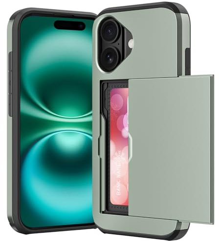 ACOCOBUY for iPhone 16 Case with Card Holder Sliding Cover 6.1 Army Green | Hidden Pocket IDs Credit Cards Slot Heavy Duty Shockproof Protective Dual Layer Wallet Phone Cover Back Shell for Men Women
