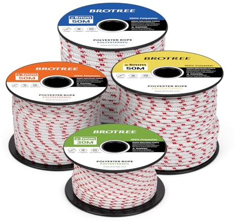 Brotree Braided Polyester Rope 5mm x 30m White/Red - Low Stretch Braided Polyester Cord for Marine, Boat, Mooring, Flagpole Halyard - 400KG Breaking Load