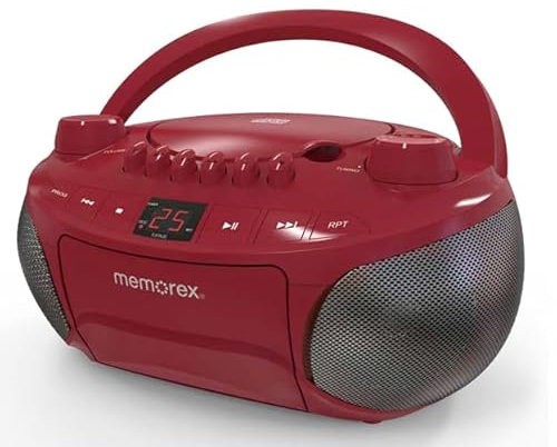 Memorex Red Portable CD Cassette Boombox with AM/FM Radio | Stereo Audio Output | Auxiliary Connectivity | CD, MP3 Supported