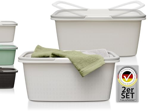 Hausfelder Wäschewanne, 2er Set, 58x37x25cm, Weiß | Wäschewanne mit Henkel 2er Set 35L Weiß, Stapelbar, Tragewanne BPA-frei für Nasse Wäsche, Bad, Camping, Garten