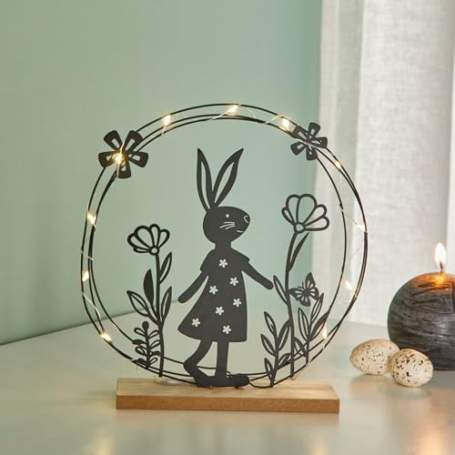 FRANK FLECHTWAREN LED-Ring Häschen mit Blumen, Metall, Mattschwarz, MDF, 11 warmweiße LEDs, batteriebetrieben, An-/Aus-Schalter Maße: Ø 20 cm, ohne Batterien, nur für den Innenbereich geeignet