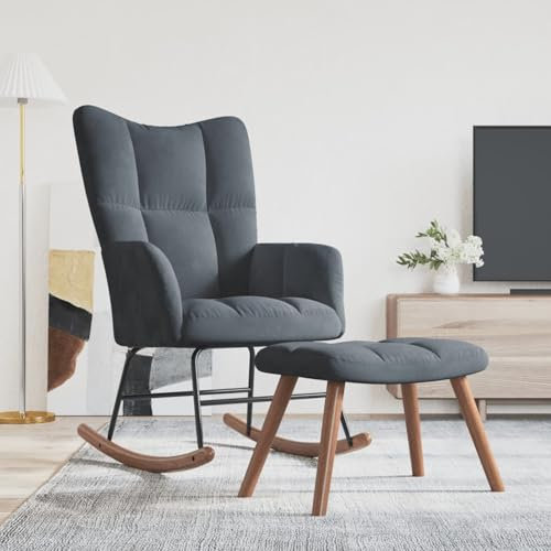 Sufrk Schaukelstuhl mit Hocker Samt Dunkelgrau Armlehnsessel, Relaxsessel, Schaukelsessel für Schlafzimmer, Wohnzimmer - 328151