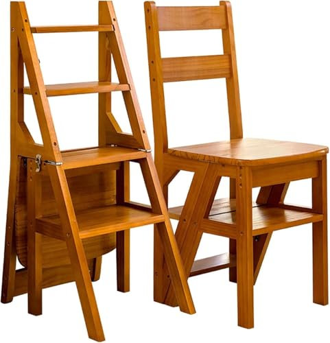 3 in 1 Convertible Folding Step Ladder Chair, Wooden 4-Step Library Stool, Folding Display Shelf, Multi-Purpose Home Furniture (Light Walnut)