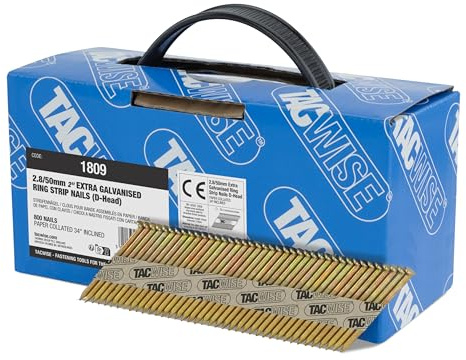 Tacwise 1809 Clous de Charpente Extra Galvanisés 2,8/50 mm, Lot de 800 | Tête en 'D', Tige Annulaire, Inclinés à 34°, Assemblés en Papier