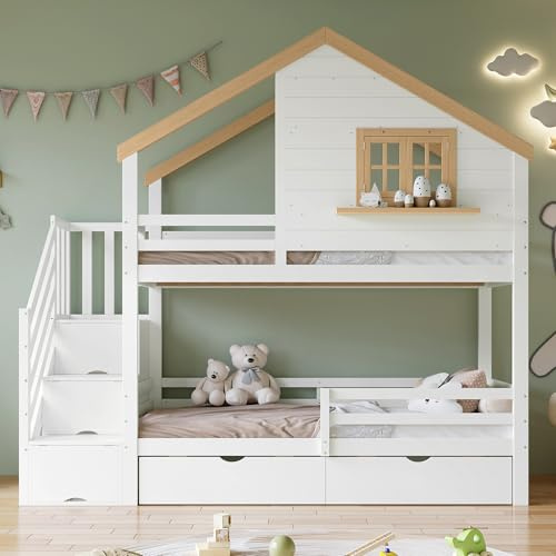 RIAZOS Kinderbett 90x200 cm, Etagenbett mit Stauraumtreppe, Hausbett mit Fenster, Multifunktionsbett mit 2 Schubladen, Bettgestell mit Fallschutzgitter für 2 Kinder, ohne Matratze, Weiß+Natur