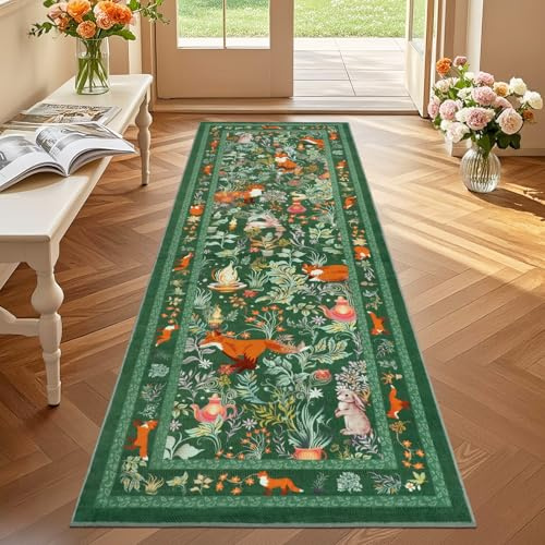 GEANUP Teppich Läufer Flur 60x180 cm, Grün Küchenläufer Waschbar rutschfest, Weicher Schlafzimmer Teppich Läufer, Märchenstil Fuchs Flurteppich für Korridor Waschküche Wohnzimmer Kinderzimmer