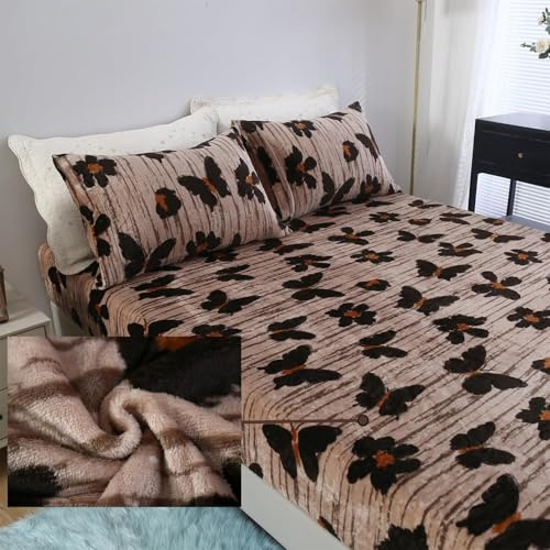 MAG 3Pcs Butterfly Queen Fleece Sheet Set,Black Insect Queen Size Bed Set,Super Soft Fluffy Warm Microfiber for Women Men,with 1*Fitted Sheet + 2*Pillowcases.