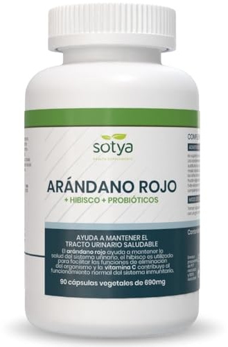 SOTYA Arandano Rojo Cranberry con Hibisco y Probióticos para Mantener el Tracto Urinario Saludable. 90 Capsulas de Arandano Rojo con Vitamina C
