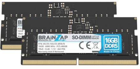 BRAINZAP Lot de 2 barrettes de mémoire RAM DDR5 SO-DIMM PC5-4800B 1Rx8 4800 MHz PC5-38400S 1,1 V CL40 pour ordinateur portable, 32 Go (2 x 16 Go)