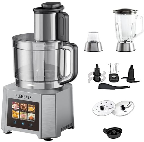 KB ELEMENTS Küchenmaschine - Mixer, Gemüseschreider, 1000W Voll Kupfer Motor, Full Touch Display, 3 Liter Schüßel, Doppelschneideklinge, Edelstahl