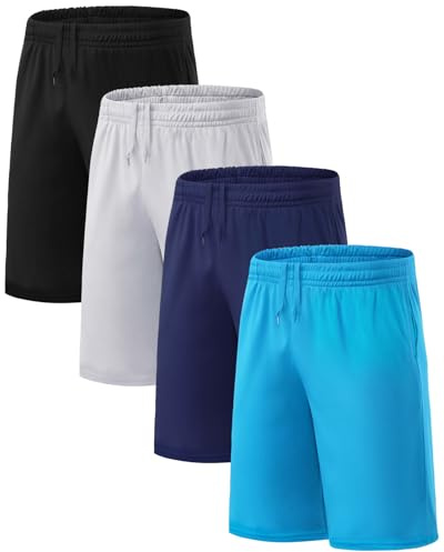 Orrfreer 4 Pack Boys Shorts Kids Sport Summer Football Lightweight School PE Shorts with Internal Drawstring Elastic Waist