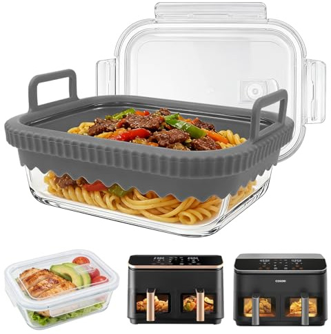 Recipiente de Vidrio para Freidora de Aire con Tapa, Accesorio Air Fryer | Compatible con Ninja AF400EU/DZ400EU/COSORI 2 Cámaras de 8,5 L, Con Asas de Silicona Extraíbles, Apto Lavavajillas