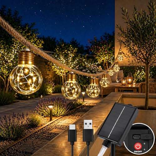 Cnulenzt Solar Lichterkette Outdoor, 20 Glühbirnen 10M/8 Modi lichterkette außen solar mit Hanfseil, Dimmbar & Memory Funktion,akku für Garten, Balkon,Terrasse, Party Deko