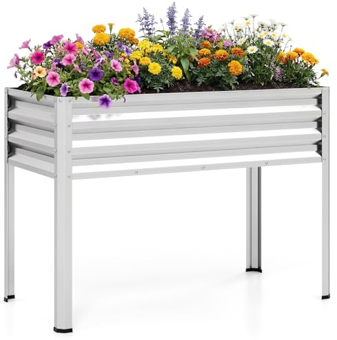 COSTWAY Orto Rialzato da Esterno, Fioriera Rialzata da Esterno in Metallo Resistente alle Intemperie con Fori di Drenaggio, Aiuola Elevata per Piante, Ortaggi e Fiori, 112 x 55 x 81 cm (Argento)