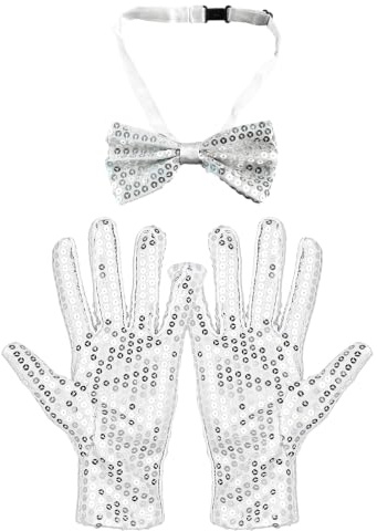 ARYIMYDP Pailletten Handschuhe Silber Glänzend und Fliege im passenden Stil, Popstar Disco Rockstar Stil Kostüm, Accessoires für Party, Cosplay, Halloween, Karneval