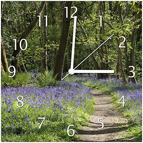 Wallario Design-Wanduhr Wiese voller Blauer Hasenglöckchen im Wald aus Glas, Motiv-Uhr Größe 30 x 30 cm, weiße Zeiger