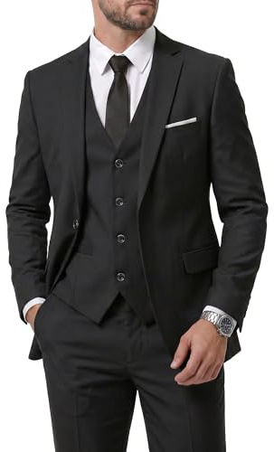 MY'S Men's 3 Piece Solid Suit Set, One Button Slim Fit Jacket Vest Pants with Tie, Black