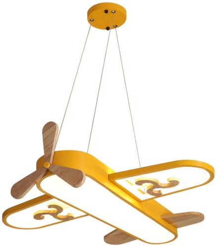 WJLL Kinderzimmer Pendelleuchte LED Holz Kunst Deckenleuchte Moderne Cartoon Flugzeug Kronleuchter mit Fernbedienung Augenschutz hängende Leuchte Restaurant Studie Schlafzimmer Hängelampe,Gelb