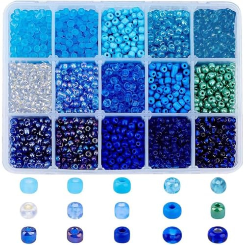NBEADS Über 3000 Stück Samenperlen, 4mm Blau Thema Glas Pony Perlen Mini Spacer Lose Perlen Für Schmuck Design Halskette Armband Ohrringherstellung, 15 Farben