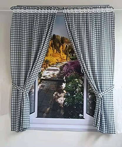 Yaland Karo Vorhänge Küchenvorhänge mit Raffhalter HxB 120x80cm 2er Set | Blau Gardinen mit Vichy-Karo Muster Landhausstil Halbtransparent Gardinenschals Gingham für Küche Wohnzimmer Balkon