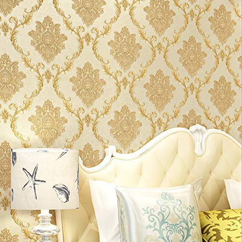 Europäischer Stil PVC-Tapete AB Damast Blume 3D Schnitzerei Handwerk Schlafzimmer Wohnzimmer Sofa TV Hintergrund Wand Geschäft Dekoration Restaurant Hotel 1.73'W x 32.8'L Nicht Geklebt(dunkelgelb A)