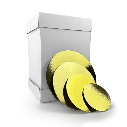 Miss Bakery's House® Caja de cartón para tartas – 30 x 30 x 45 cm con juego de 2 mm – Ø 15 + 20 + 25 + 30 cm (juego de 4) – doble cara (plata y oro) – Caja para tartas de varios pisos