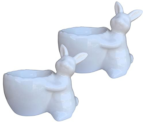 KiaoTime Eierbecher aus Porzellan für weich oder hart gekochte Eierhalter – Set mit 2 Osterhasen-Eierbechern für Ostern und Frühlingsdekoration, Abendessen, Esszimmer, Tischdekoration, Dekoration
