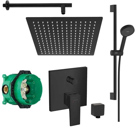 vanvilla Duschsystem Unterputz mit Duscharmatur Hansgrohe schwarz HGS33 | Duscharmatur von Hansgrohe Metropol Einhebelmischer und vanvilla Regendusche Duschkopf eckig, Duschstange Dusch-SET schwarz