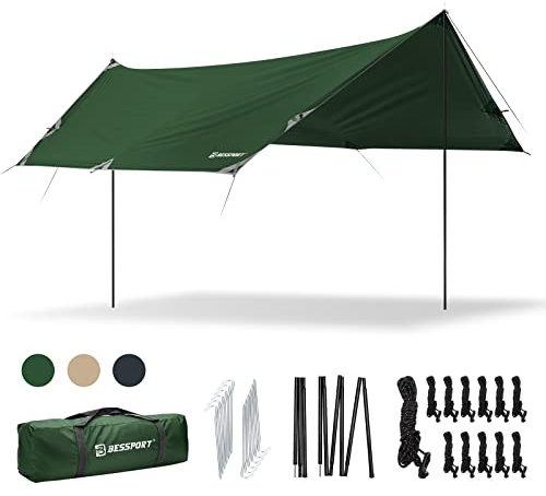 Bessport Tarp, Zeltplane Wasserdicht, 3x4.6m Mit Stützstange, Erdnägeln und Nylonschnur, Ultraleichte multifunktionale UV-Schutzplane, Geeignet für Zelte, Outdoor