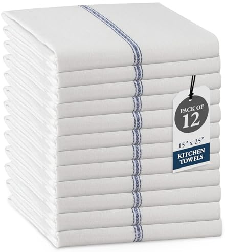 LANE LINEN Kitchen Towel Set- 12 Pack 14x25 Dishtowels for Kitchen, Absorbent 100% Cotton Dish Drying Towels, Cleaning Cloth for Countertops, Soft & Durable, Machine Washable - Blue Stripe