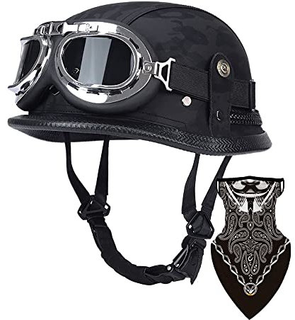 DIRERTYS Deutsche Leder Motorrad Halbhelme Retro Halbschalenhelm JetHelm mit Visier Schnellverschluss Schnalle für Cruiser Chopper Biker Moped DOT/ECE-Zulassung, L57~60CM
