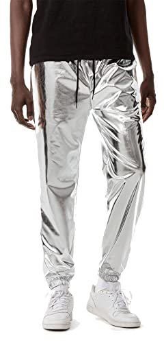 LucMatton Herren Jogginghose Metallic Glänzend Disco Party Elastische Hose, silber, 34-37