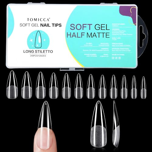TOMICCA 240 Stück Stiletto Long Nail Tips für Gelnägel | 12 Größen halbmatt Nagelspitzen, Full Cover Soft Gel Tips für Gelnägel, für Nagelverlängerung, Nagelstudios und Hause DIY