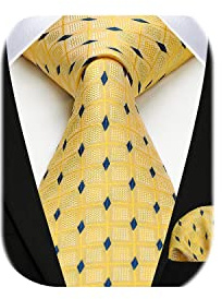 HISDERN Men's Yellow Plaid Tie for Wedding Party Woven Checked Necktie With Pocket Square Set for Prom